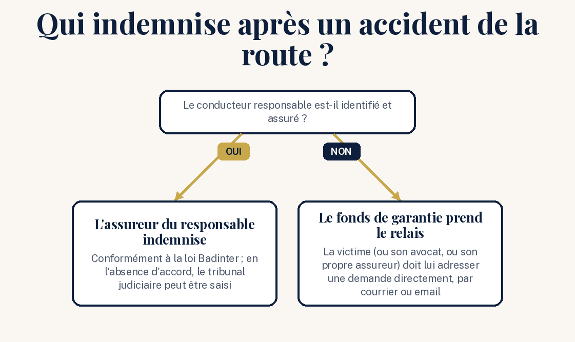 Schéma : qui indemnise après un accident de la route selon que le responsable est identifié et assuré